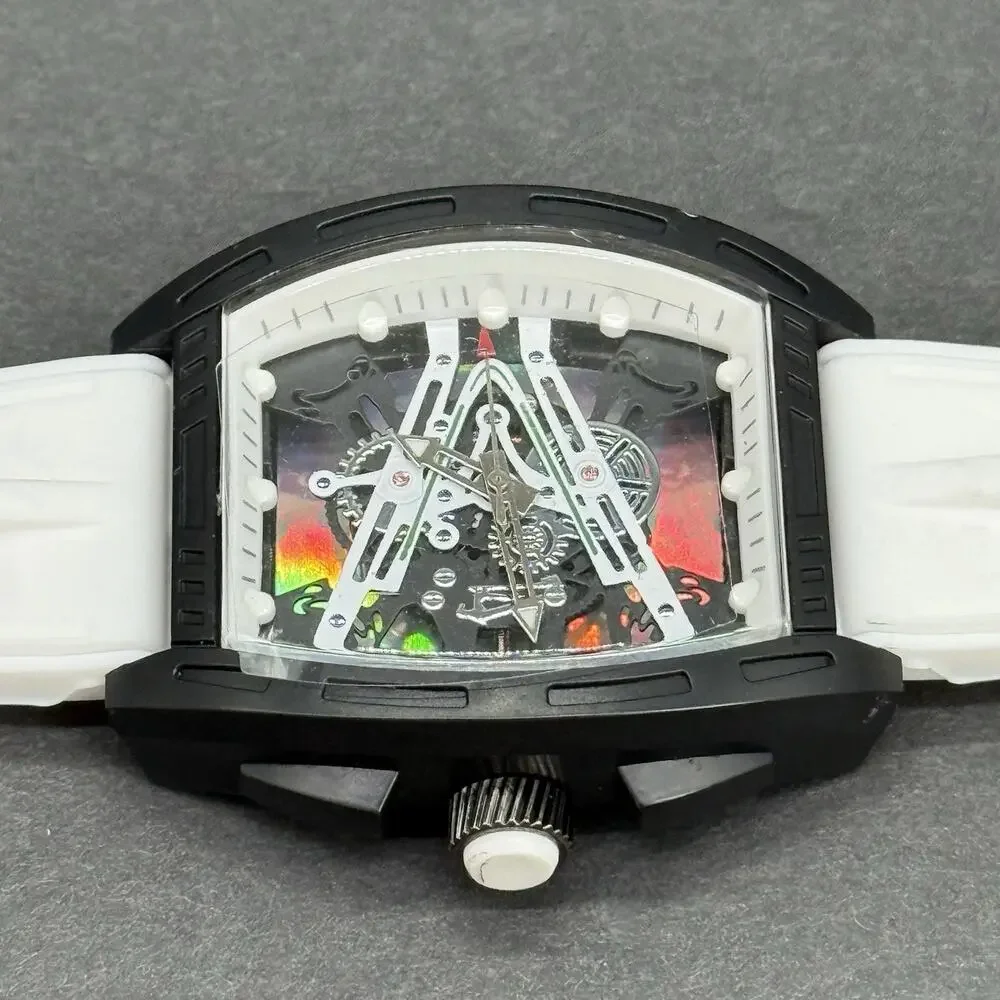 Mens White Tonneau Quartz Mille Fashion Watch Skeleton Dial Mille Style Barrel